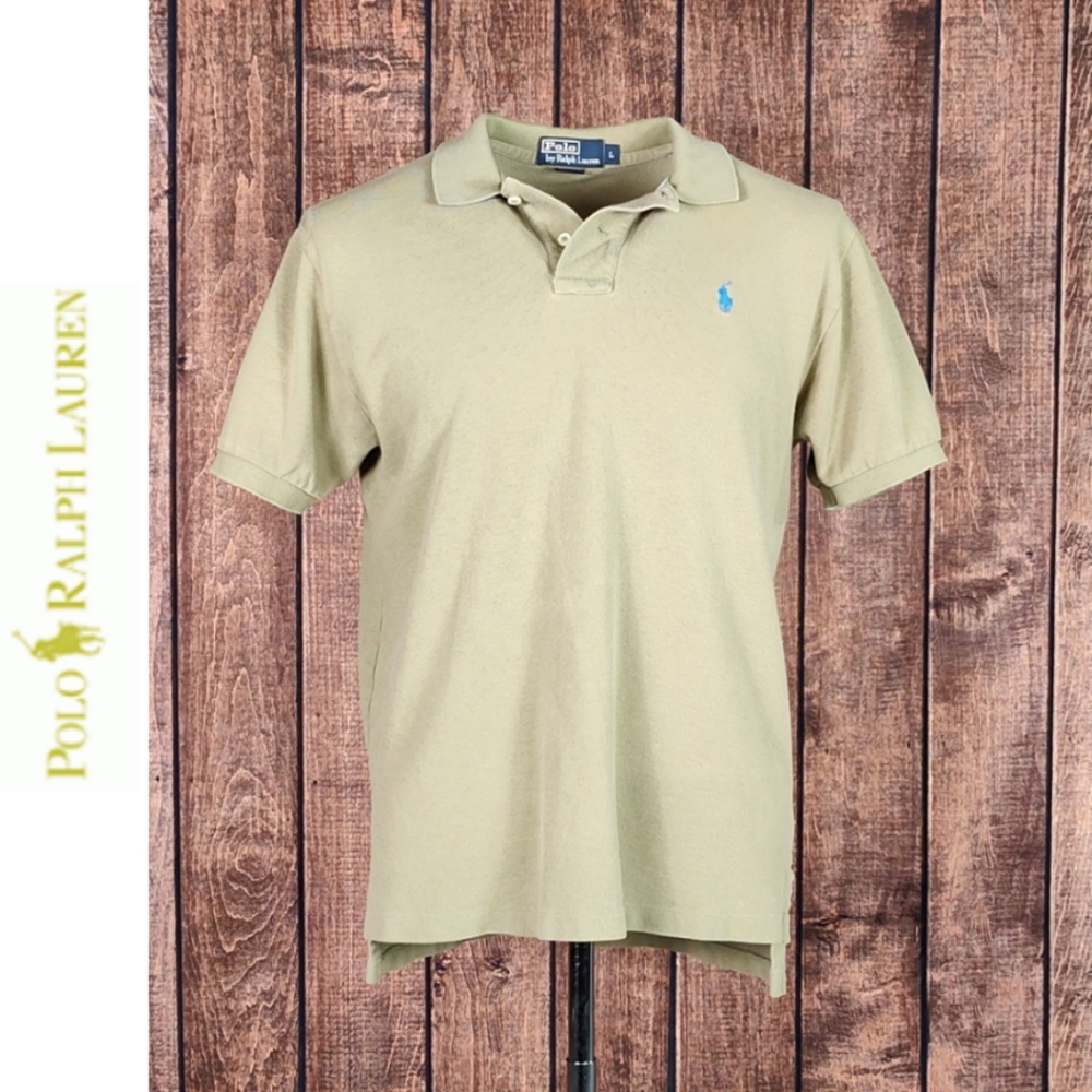 Vtg Bright Blue Pony On Khaki Green Mesh Knit Men's Polo Excellent Condition